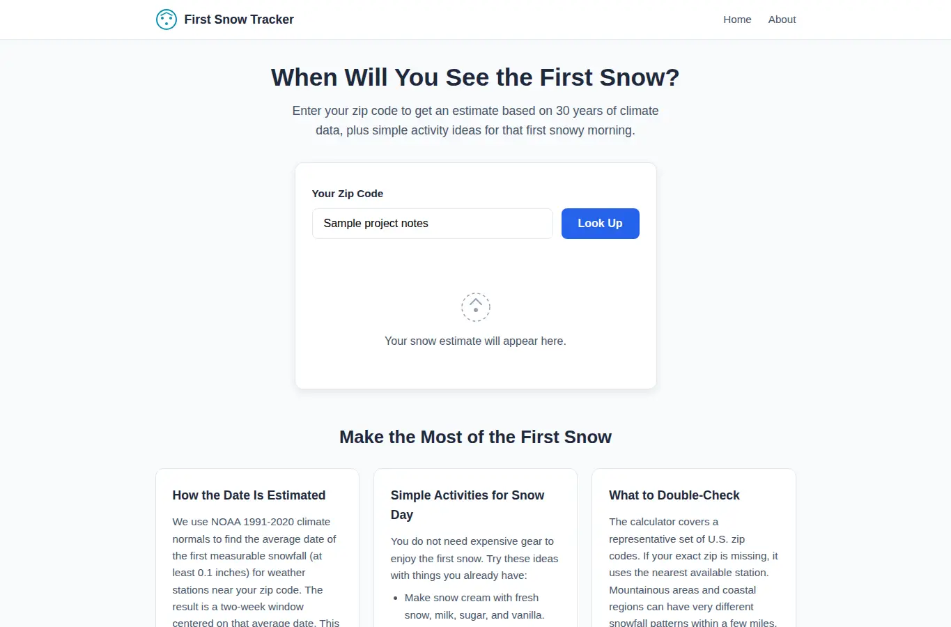 Screenshot of First Snowfall Experience Calculator interface showing the project page in use